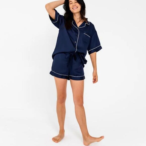Ettitude Sateen 100% Organic Bamboo PJ Pajama Lounge Sleep Shorts Navy Medium - Picture 1 of 9